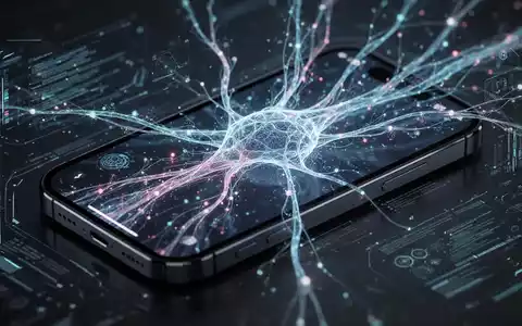 A futuristic iPhone display showing abstract data streams and AI neural network connections, representing advanced iOS features. - Foto: über boerse-global.de