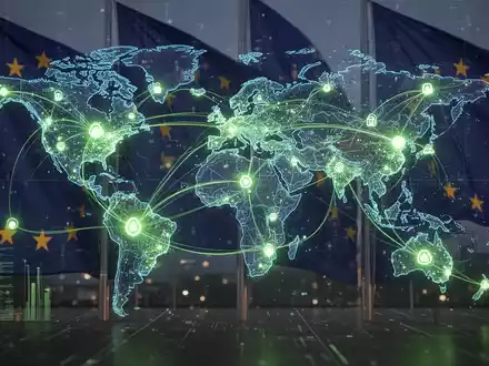 Grafische Darstellung einer globalen Lieferkette mit leuchtenden Verbindungen, EU-Flaggen im Hintergrund. Fokus auf digitale Daten und CO2-Verfolgung. - Foto: über boerse-global.de