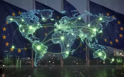 Grafische Darstellung einer globalen Lieferkette mit leuchtenden Verbindungen, EU-Flaggen im Hintergrund. Fokus auf digitale Daten und CO2-Verfolgung. - Foto: über boerse-global.de