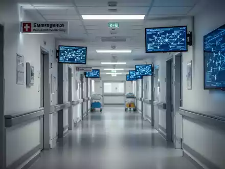 Ein moderner deutscher Krankenhausflur mit Notfallhinweisen und Bildschirmen, die Netzwerkdiagramme zeigen. Die Beleuchtung ist kühl und ruhig. - Foto: über boerse-global.de