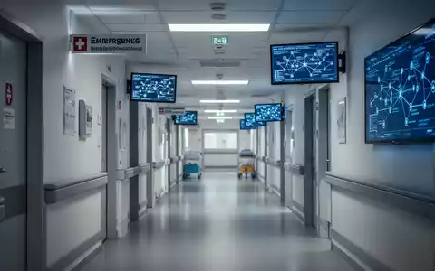 Ein moderner deutscher Krankenhausflur mit Notfallhinweisen und Bildschirmen, die Netzwerkdiagramme zeigen. Die Beleuchtung ist kühl und ruhig. - Foto: über boerse-global.de