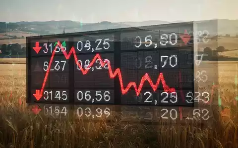 Ein Börsenticker mit einem starken Kursrückgang, überlagert von einer angedeuteten Agrarlandschaft, die den Sektor Konsumgüter darstellt. - Foto: über boerse-global.de