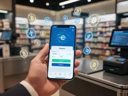 A hand holding a smartphone showing a cryptocurrency payment screen at a retail checkout, symbolizing crypto payments adoption. - Foto: über boerse-global.de