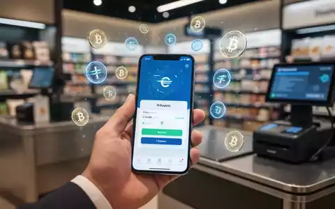 A hand holding a smartphone showing a cryptocurrency payment screen at a retail checkout, symbolizing crypto payments adoption. - Foto: über boerse-global.de