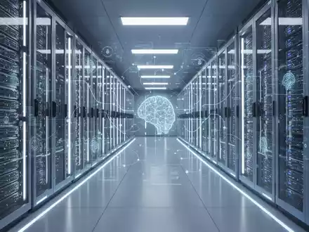 A modern, brightly lit data center with rows of server racks, glowing with blue and white light, symbolizing digital public administration and AI. - Foto: über boerse-global.de