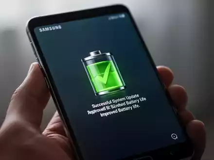Close-up of a Samsung Galaxy smartphone screen showing a battery icon with a green checkmark, signifying a successful system update. - Foto: über boerse-global.de