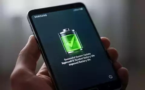 Close-up of a Samsung Galaxy smartphone screen showing a battery icon with a green checkmark, signifying a successful system update. - Foto: über boerse-global.de