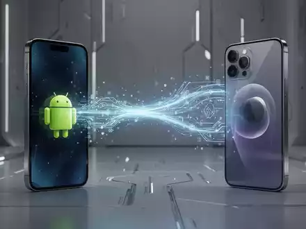 Ein leuchtender Datenstrahl verbindet ein Android-Smartphone mit einem iPhone vor einem hochtechnologischen Hintergrund. - Foto: über boerse-global.de