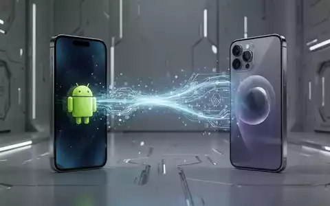 Ein leuchtender Datenstrahl verbindet ein Android-Smartphone mit einem iPhone vor einem hochtechnologischen Hintergrund. - Foto: über boerse-global.de