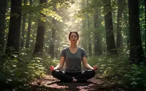 Eine Person meditiert ruhig in einem grünen Wald, Sonnenlicht fällt durch die Blätter. Symbolisiert Erholung und mentale Gesundheit. - Foto: über boerse-global.de