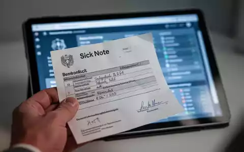 Eine Hand hält eine Krankmeldung aus Papier. Im unscharfen Hintergrund ist ein Tablet mit medizinischen Daten zu sehen, das den digitalen Wandel symbolisiert. - Foto: über boerse-global.de