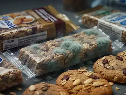 Nahaufnahme verschiedener Snackprodukte, die Anzeichen von Schimmelbefall aufweisen, um Lebensmittelkontamination darzustellen. - Foto: über boerse-global.de