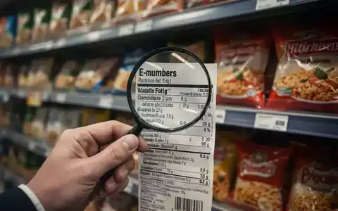 Eine Hand hält eine Lupe über ein Lebensmitteletikett mit E-Nummern in einem Supermarktgang. - Foto: über boerse-global.de