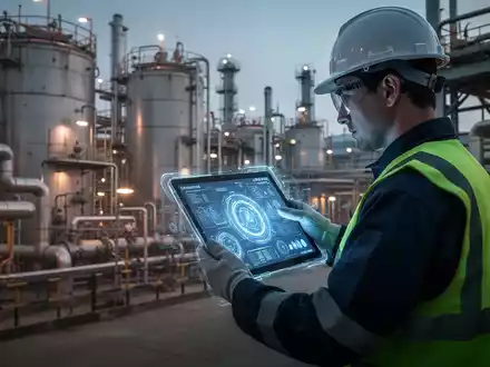 Ein Arbeiter in Schutzkleidung überprüft digitale Daten auf einem Tablet in einer Industrieanlage mit chemischen Tanks und Rohren. - Foto: über boerse-global.de