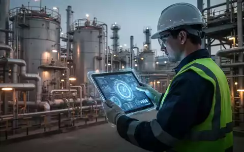 Ein Arbeiter in Schutzkleidung überprüft digitale Daten auf einem Tablet in einer Industrieanlage mit chemischen Tanks und Rohren. - Foto: über boerse-global.de