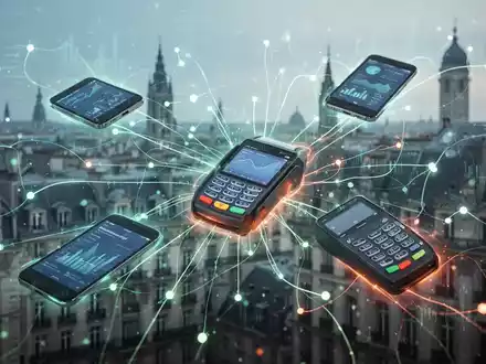Abstrakte Darstellung digitaler Finanztransaktionen und Datenflüsse, die Smartphones und Zahlungsterminals verbinden. - Foto: über boerse-global.de