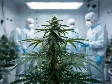 Eine einzelne, makellos kultivierte Cannabispflanze in einer modernen, sterilen Indoor-Anbauanlage mit sanfter Beleuchtung. - Foto: über boerse-global.de
