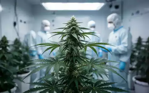 Eine einzelne, makellos kultivierte Cannabispflanze in einer modernen, sterilen Indoor-Anbauanlage mit sanfter Beleuchtung. - Foto: über boerse-global.de