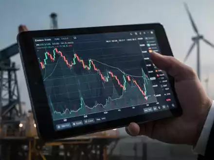 Eine Hand hält ein Tablet mit einem fallenden Börsenkurs, im Hintergrund verschwommen Energieinfrastruktur. - Foto: über boerse-global.de