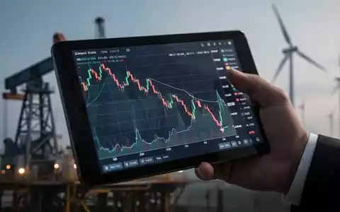 Eine Hand hält ein Tablet mit einem fallenden Börsenkurs, im Hintergrund verschwommen Energieinfrastruktur. - Foto: über boerse-global.de