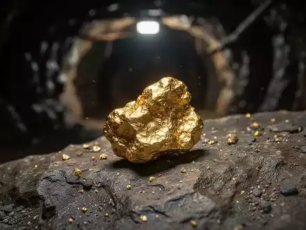 Ein schimmernder Goldnugget auf einem dunklen Felsen, mit verschwommenem Hintergrund eines Minentunnels. - Foto: über boerse-global.de