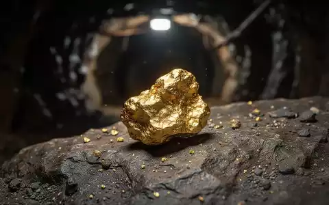 Ein schimmernder Goldnugget auf einem dunklen Felsen, mit verschwommenem Hintergrund eines Minentunnels. - Foto: über boerse-global.de