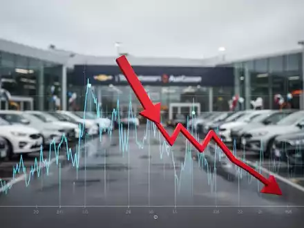 Roter Pfeil zeigt nach unten auf einem Finanzdiagramm, im Hintergrund ein Autoversteigerungshof bei Tageslicht. - Foto: über boerse-global.de