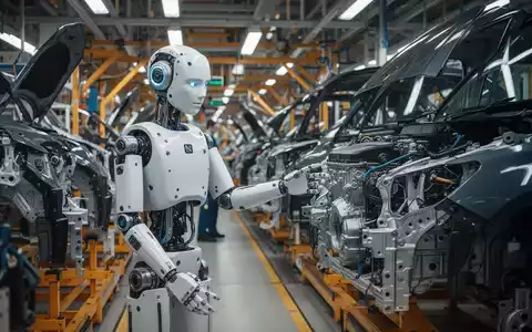 A humanoid robot on an automotive assembly line, precisely handling car components with advanced grippers. - Foto: über boerse-global.de
