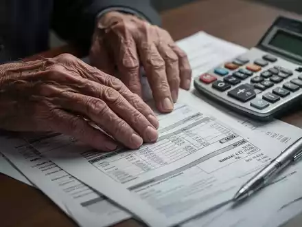 Nahaufnahme der Hände einer älteren Person, die besorgt auf eine Rechnung oder einen Finanzbericht blickt, mit einem Taschenrechner daneben. - Foto: über boerse-global.de