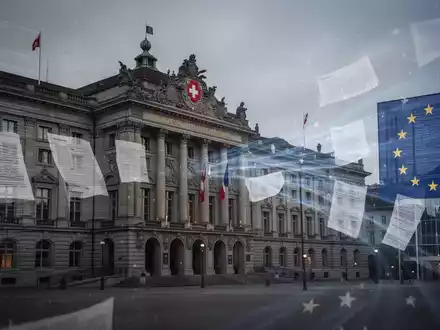 Das Bundeshaus in Bern, Schweiz, mit stilisierten Linien, die eine Verbindung zu einem fernen EU-Gebäude andeuten. - Foto: über boerse-global.de