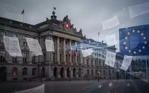 Das Bundeshaus in Bern, Schweiz, mit stilisierten Linien, die eine Verbindung zu einem fernen EU-Gebäude andeuten. - Foto: über boerse-global.de