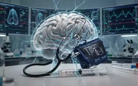 Ein stilisiertes Gehirn, das mit einer Blutdruckmanschette und einer Diabetes-Spritze verbunden ist, in einem Forschungslabor. - Foto: über boerse-global.de