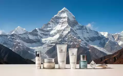 Ein majestätischer, schneebedeckter Himalaja-Gipfel mit klarem blauem Himmel. Im Vordergrund, dezent arrangierte Premium-Konsumgüter. - Foto: über boerse-global.de