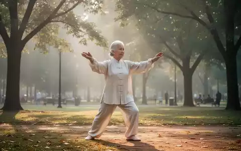 Eine ältere Person übt Taiji in einem ruhigen Park mit sanftem Morgenlicht, symbolisierend Gesundheit und Wohlbefinden. - Foto: über boerse-global.de