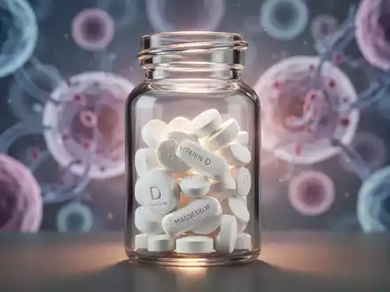 Eine Nahaufnahme einer Glasflasche mit weissen Vitamin-D- und Magnesium-Pillen, die einen subtilen Glanz aufweist. - Foto: über boerse-global.de
