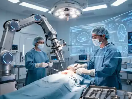 Ein Roboterarm unterstützt bei einer Operation in einem futuristischen Operationssaal mit einem Chirurgen, der digitale Daten überprüft. - Foto: über boerse-global.de