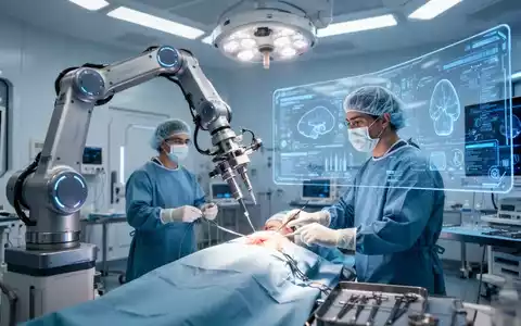 Ein Roboterarm unterstützt bei einer Operation in einem futuristischen Operationssaal mit einem Chirurgen, der digitale Daten überprüft. - Foto: über boerse-global.de