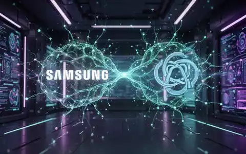 A glowing neural network abstractly connecting a Samsung logo with an OpenAI logo, symbolizing a major AI partnership in a futuristic setting. - Foto: über boerse-global.de