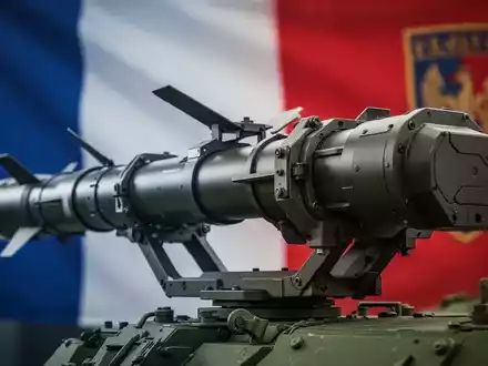 Ein modernes, schlankes Panzerabwehrraketen-System in Nahaufnahme, im Hintergrund verschwommen eine französische Flagge. - Foto: über boerse-global.de