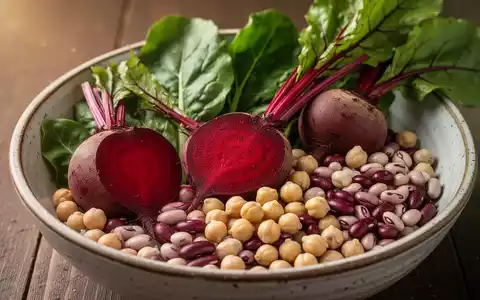 Eine Nahaufnahme einer gesunden Mahlzeit mit Roter Bete, grünen Blättern und Hülsenfrüchten in einer rustikalen Schale. - Foto: über boerse-global.de
