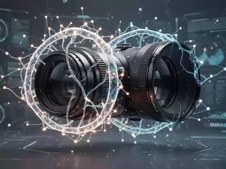 An abstract visual representing the collaboration between AI and traditional media, with a glowing neural network entwined with a camera lens. - Foto: über boerse-global.de