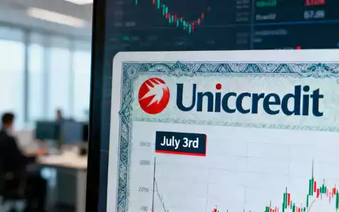 Ein stilisiertes Unicredit-Aktienzertifikat oder eine digitale Kursgrafik mit hervorgehobenem Datum 3. Juli vor einem Finanzbüro. - Foto: über boerse-global.de
