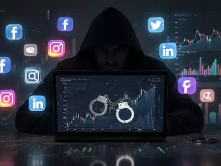 A shadowy figure uses a laptop, surrounded by social media icons and financial charts, with handcuffs reflecting on the screen. - Foto: über boerse-global.de