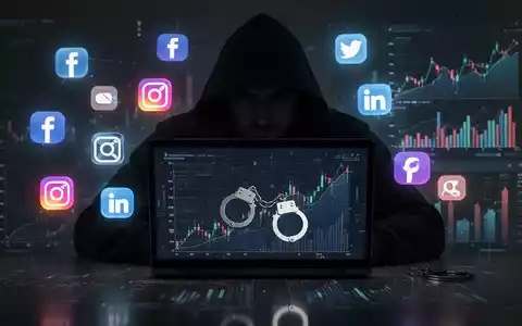 A shadowy figure uses a laptop, surrounded by social media icons and financial charts, with handcuffs reflecting on the screen. - Foto: über boerse-global.de