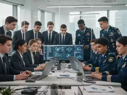 Eine vielfältige Gruppe junger Fachkräfte in einem modernen Büro, einige in Anzügen, andere in Uniformen, die zusammenarbeiten. - Foto: über boerse-global.de