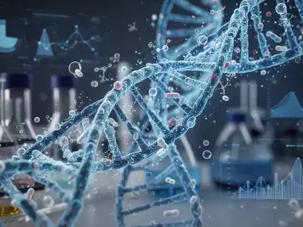 Eine stilisierte, leuchtend blaue Doppelhelix-DNA-Strang, verwoben mit abstrakten pharmazeutischen Forschungselementen in einem Labor. - Foto: über boerse-global.de