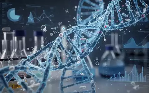 Eine stilisierte, leuchtend blaue Doppelhelix-DNA-Strang, verwoben mit abstrakten pharmazeutischen Forschungselementen in einem Labor. - Foto: über boerse-global.de