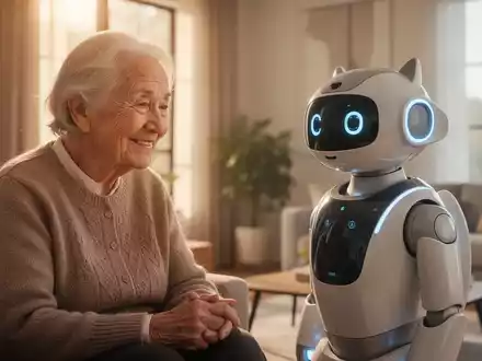 An elderly person smiling and gently interacting with a friendly AI companion robot in a bright, modern home, symbolizing AI integration. - Foto: über boerse-global.de