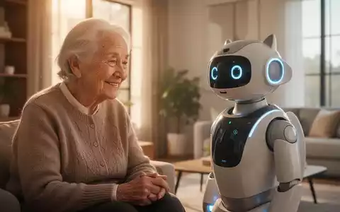 An elderly person smiling and gently interacting with a friendly AI companion robot in a bright, modern home, symbolizing AI integration. - Foto: über boerse-global.de
