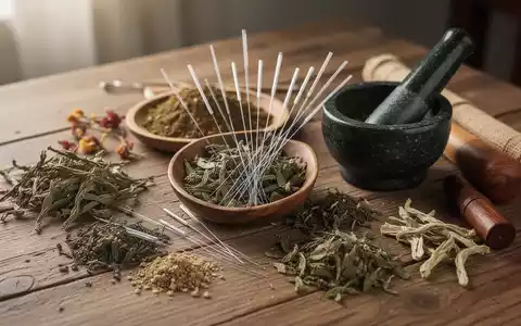 Eine Anordnung von TCM-Kräutern und -Instrumenten, darunter Akupunkturnadeln und ein Mörser, auf einem Holztisch. - Foto: über boerse-global.de